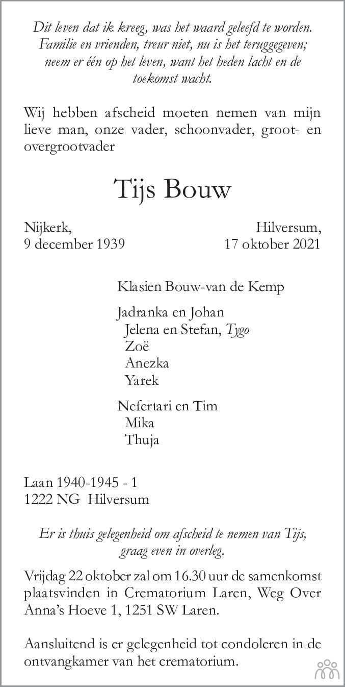 Overlijdensbericht van Tijs Bouw in De Gooi- en Eemlander