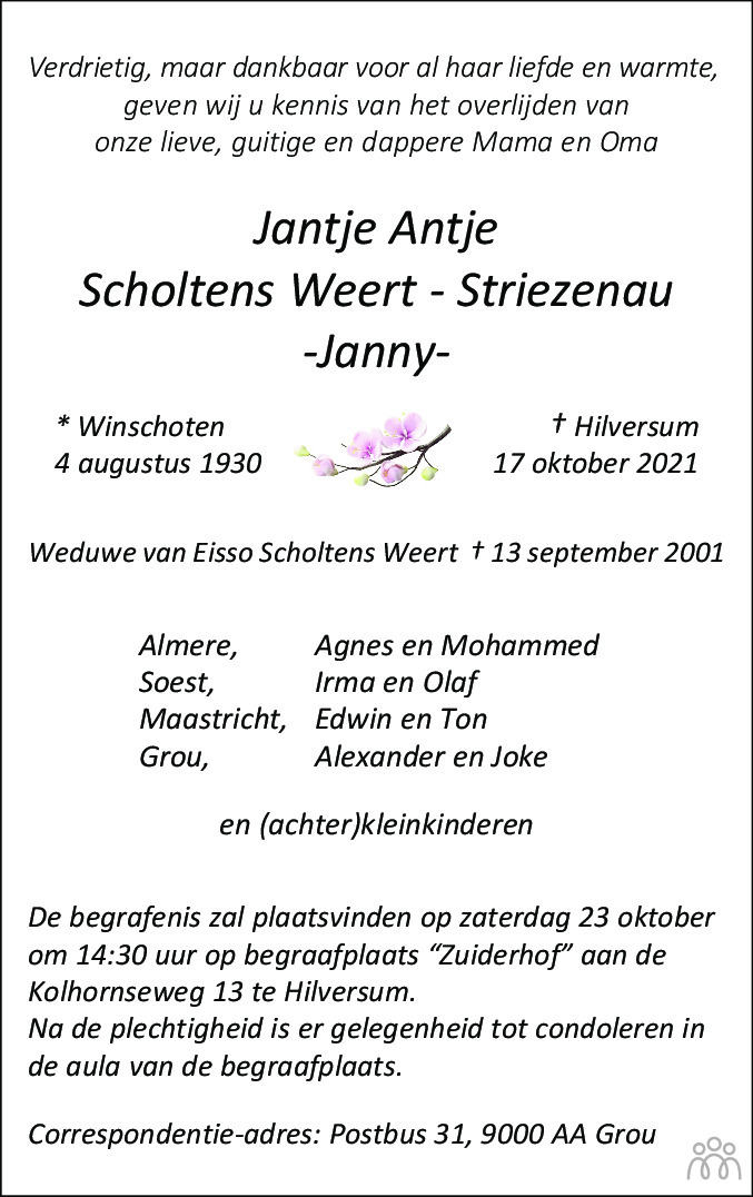 Overlijdensbericht van Jantje Antje (Janny) Weert-Striezenau in De Gooi- en Eemlander