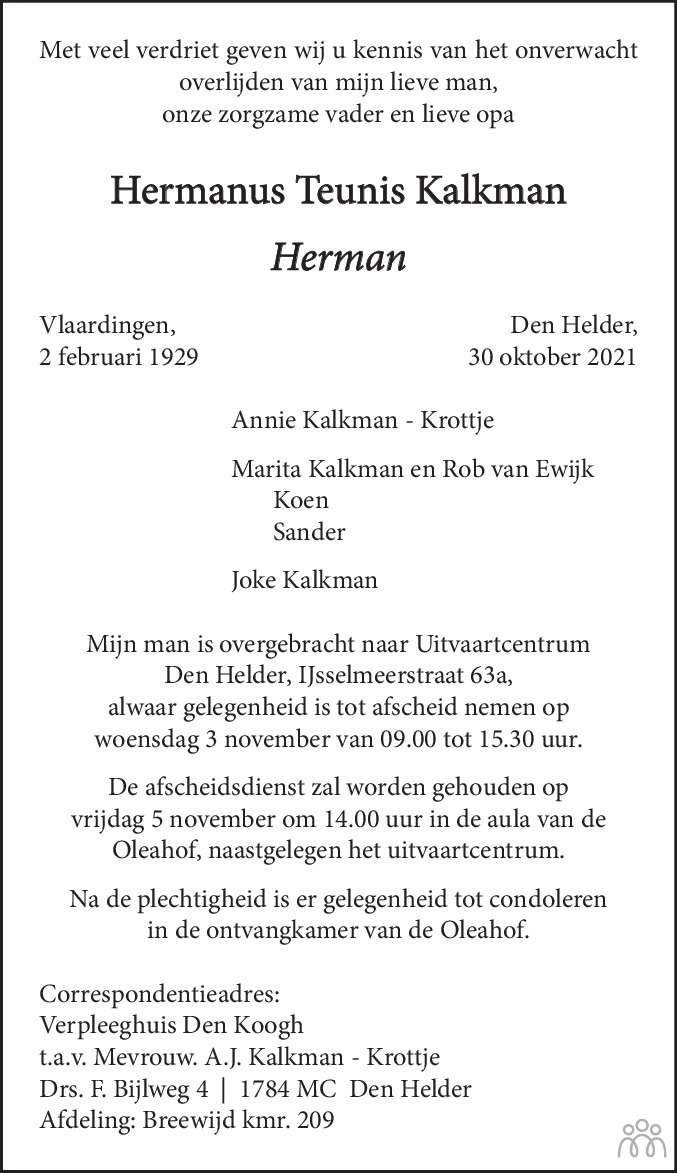Overlijdensbericht van Herman Teunis Kalkman in Schagen / Den Helder