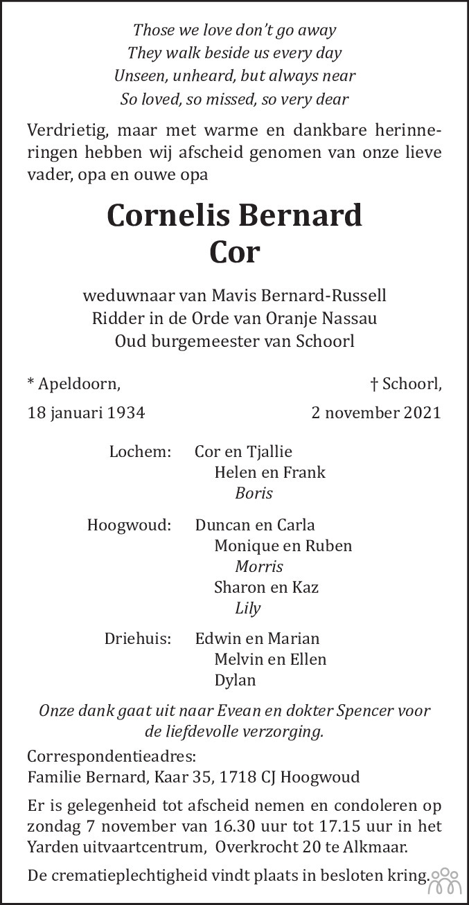Overlijdensbericht van Cor (Cornelis) Bernard in Alkmaarsche Courant
