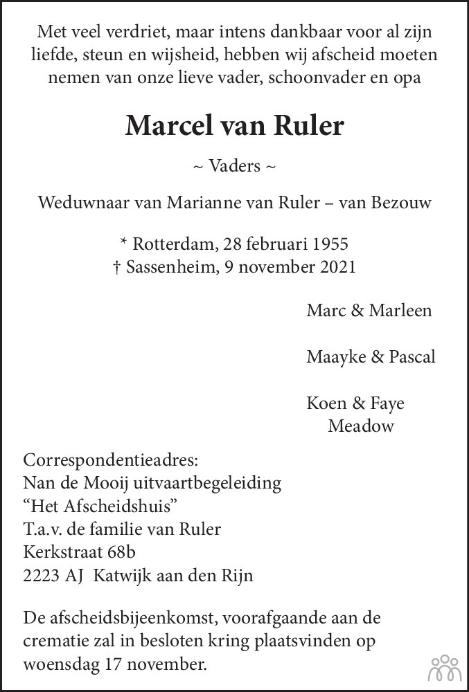 Marcel van Ruler 09-11-2021 overlijdensbericht en condoleances ...