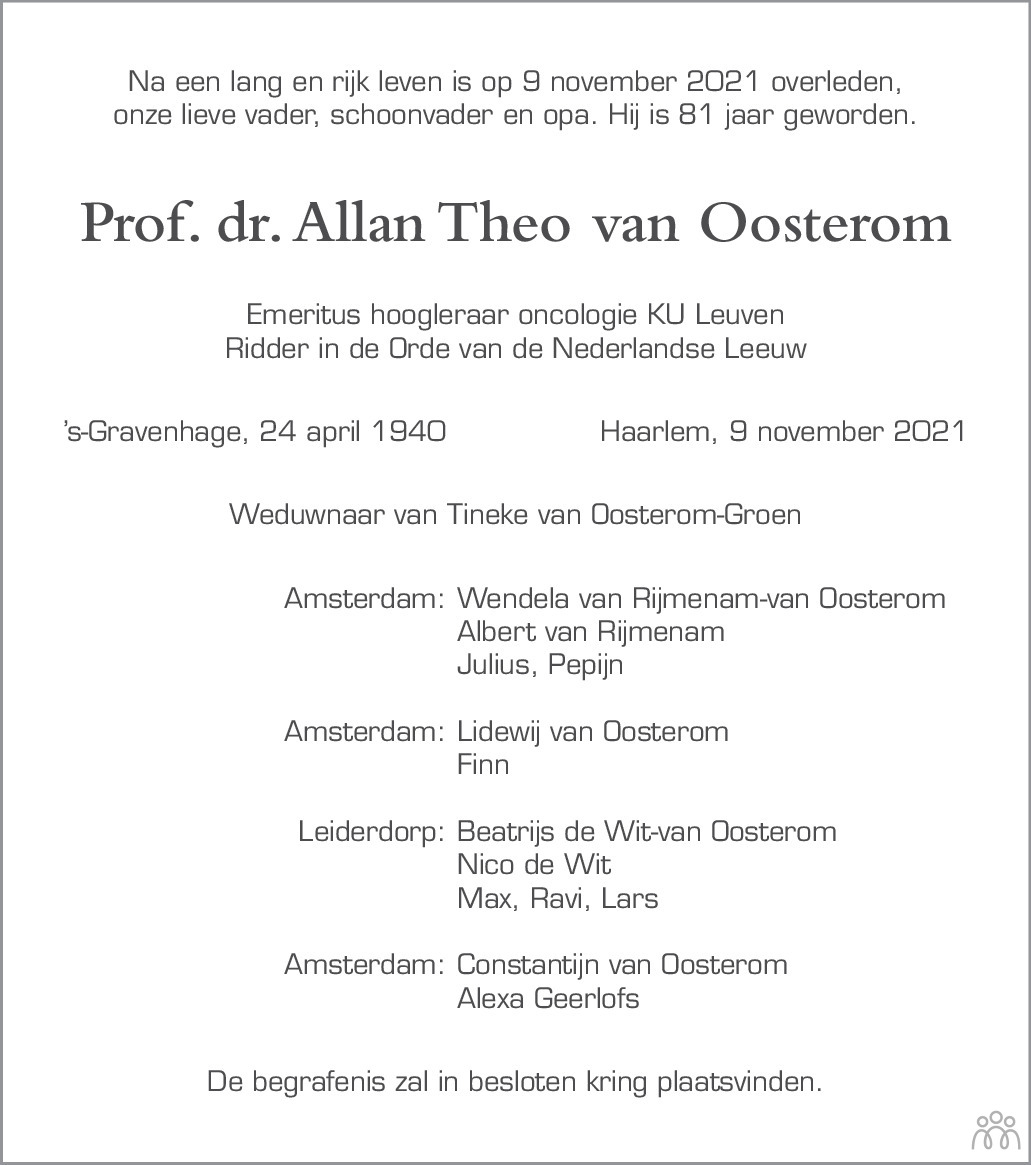 Overlijdensbericht van Allan Theo van Oosterom in de Telegraaf
