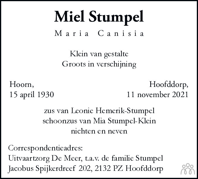 Overlijdensbericht van Miel (Maria Canisia) Stumpel in de Telegraaf