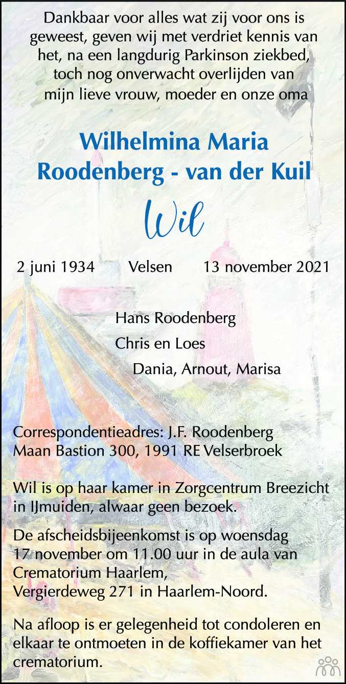 Overlijdensbericht van Wilhelmina Maria (Wil) Roodenberg-van der Kuil in Haarlems Dagblad Kombinatie