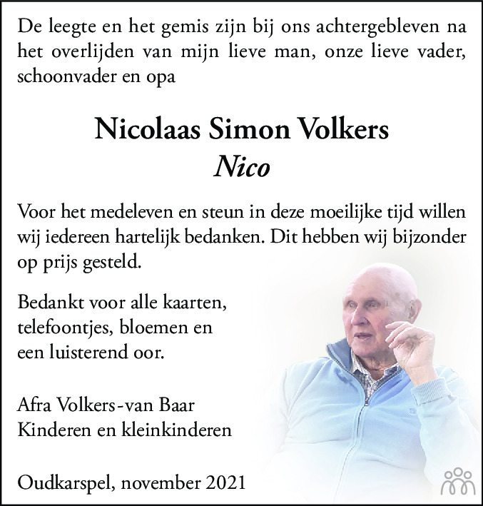 Overlijdensbericht van Nicolaas Simon (Nico) Volkers in Alkmaarsche Courant