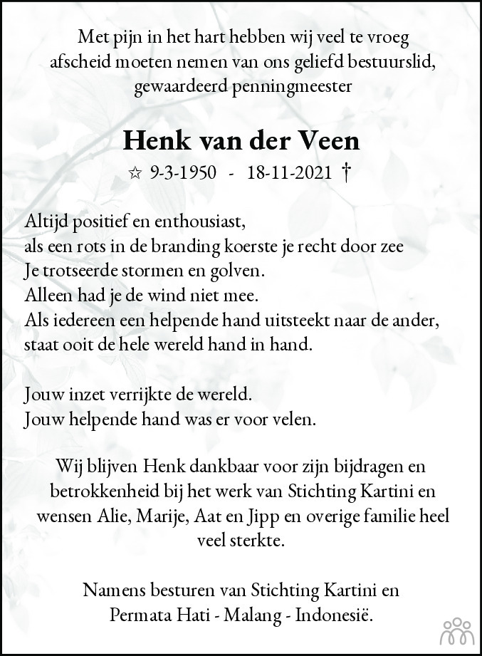 Henk Van Der Veen 18 11 2021 Overlijdensbericht En Condoleances