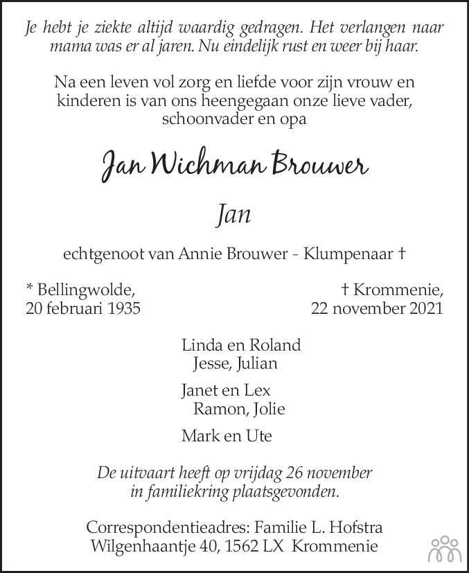 Overlijdensbericht van Jan Wichman Brouwer in Dagblad Zaanstreek