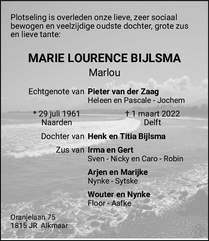 Overlijdensbericht van Marlou Bijlsma in Alkmaarsche Courant