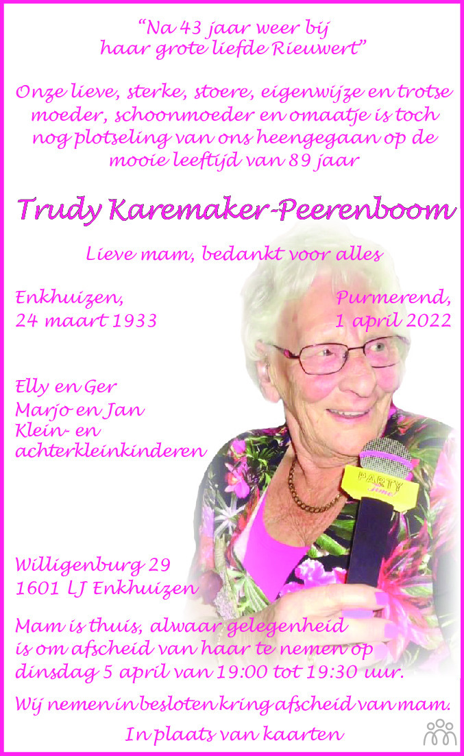Overlijdensbericht van Trudy Karemaker-Peerenboom in Dagblad voor West-Friesland