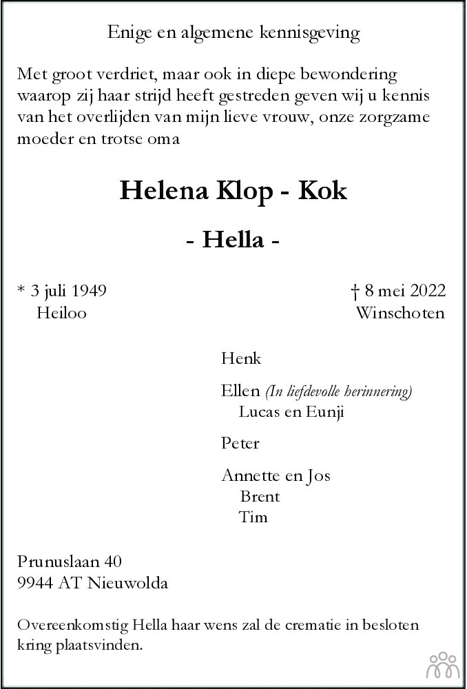 Overlijdensbericht van Helena (Hella) Klop-Kok in Alkmaarsche Courant