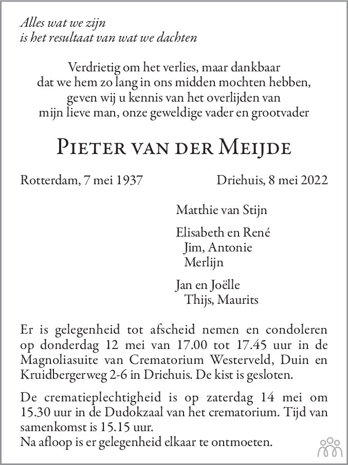Overlijdensbericht van Pieter van der Meijde in Haarlems Dagblad