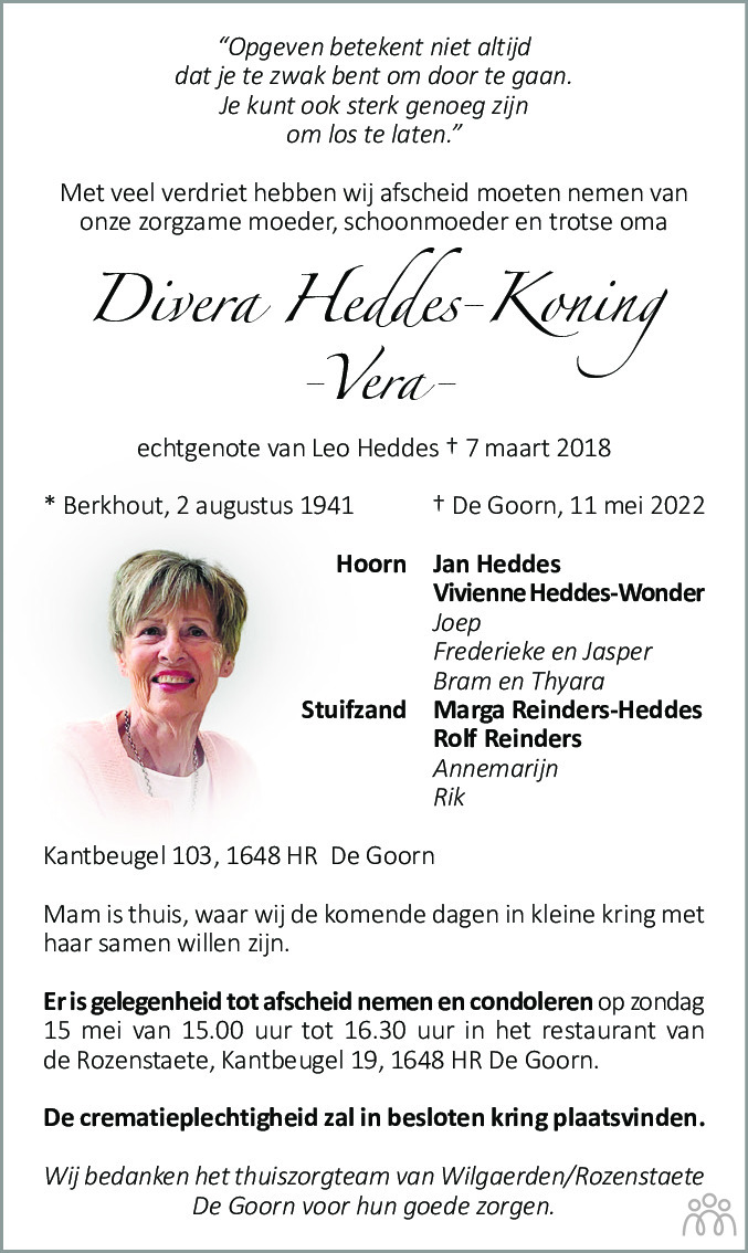 Overlijdensbericht van Divera (Vera) Heddes-Koning in Dagblad voor West-Friesland