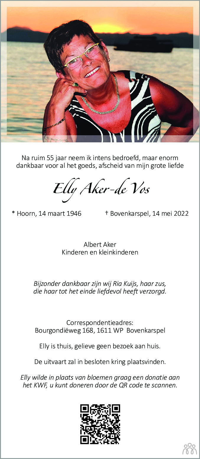 Overlijdensbericht van Elly Aker-de Vos in Dagblad voor West-Friesland