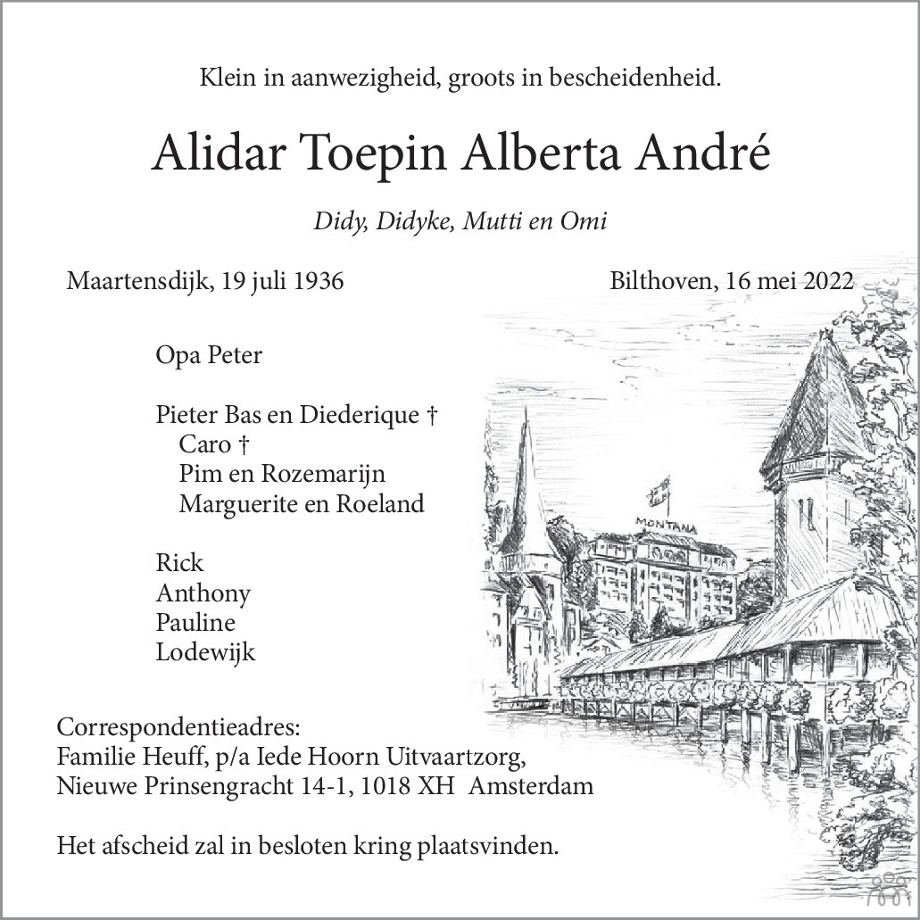 Overlijdensbericht van Alidar Toepin Alberta André in de Telegraaf