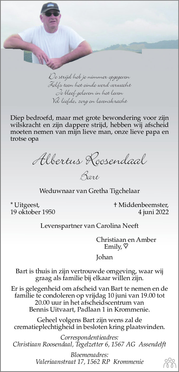 Overlijdensbericht van Albertus (Bart) Roosendaal in Dagblad Zaanstreek