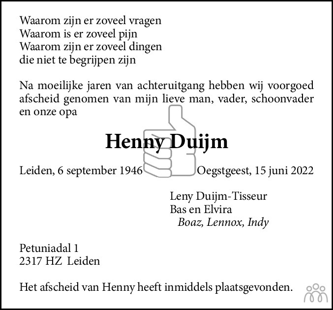 Overlijdensbericht van Henny Duijm in Leidsch Dagblad