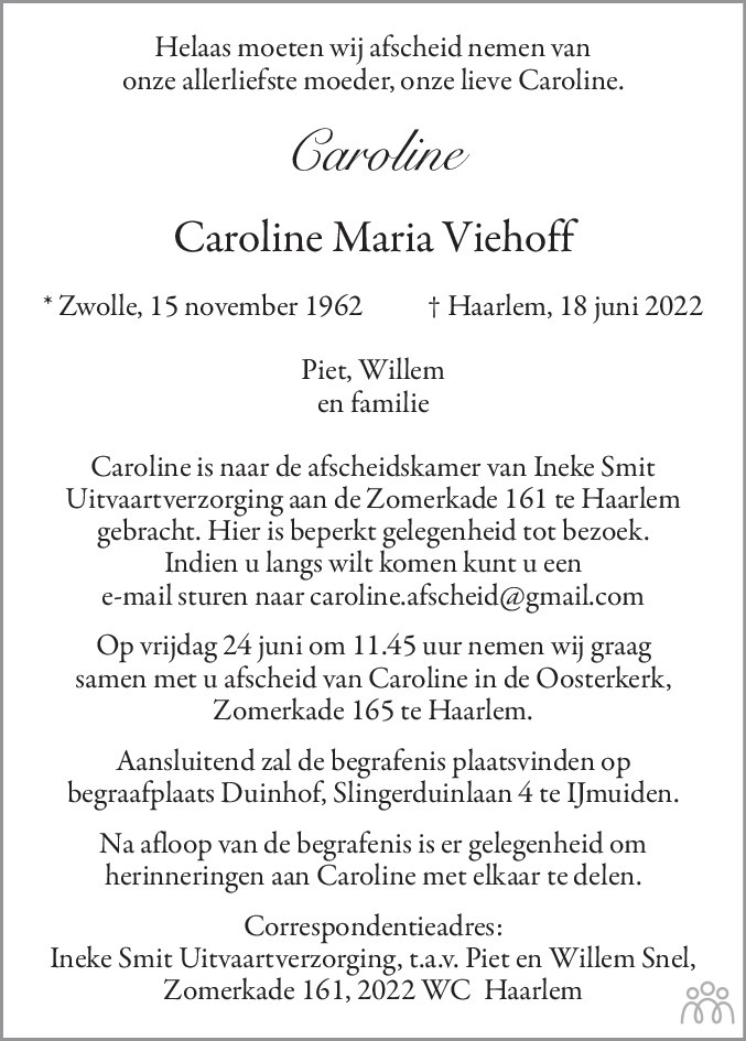 Overlijdensbericht van Caroline Maria (Caroline) Viehoff in Haarlems Dagblad