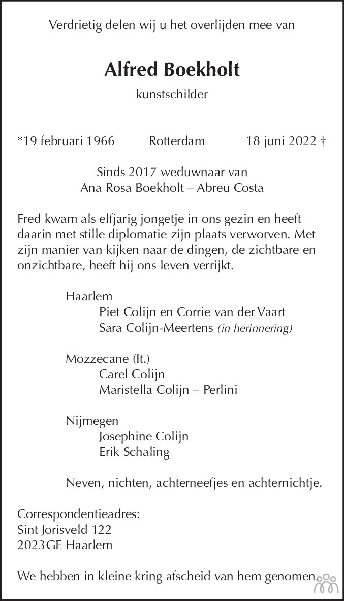 Overlijdensbericht van Alfred Boekholt in Haarlems Dagblad