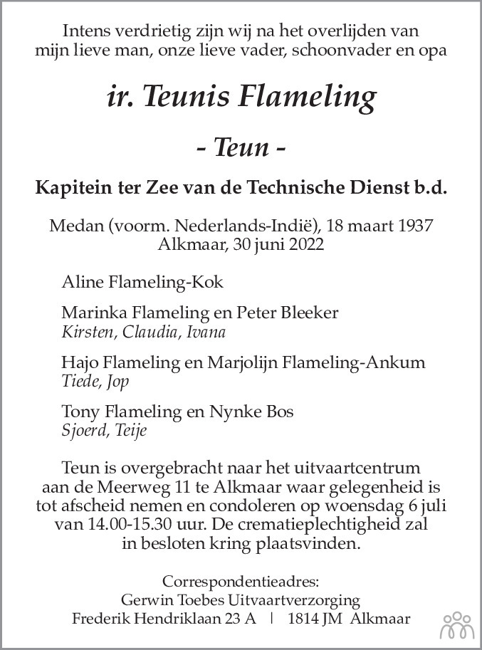 Overlijdensbericht van Teunis (Teun) Flameling in Alkmaarsche Courant