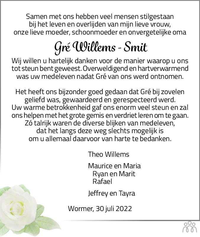 Overlijdensbericht van Gré Willems-Smit in Dagblad Zaanstreek