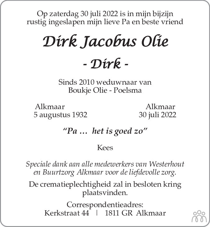 Overlijdensbericht van Dirk Jacobus Olie in Alkmaarsche Courant