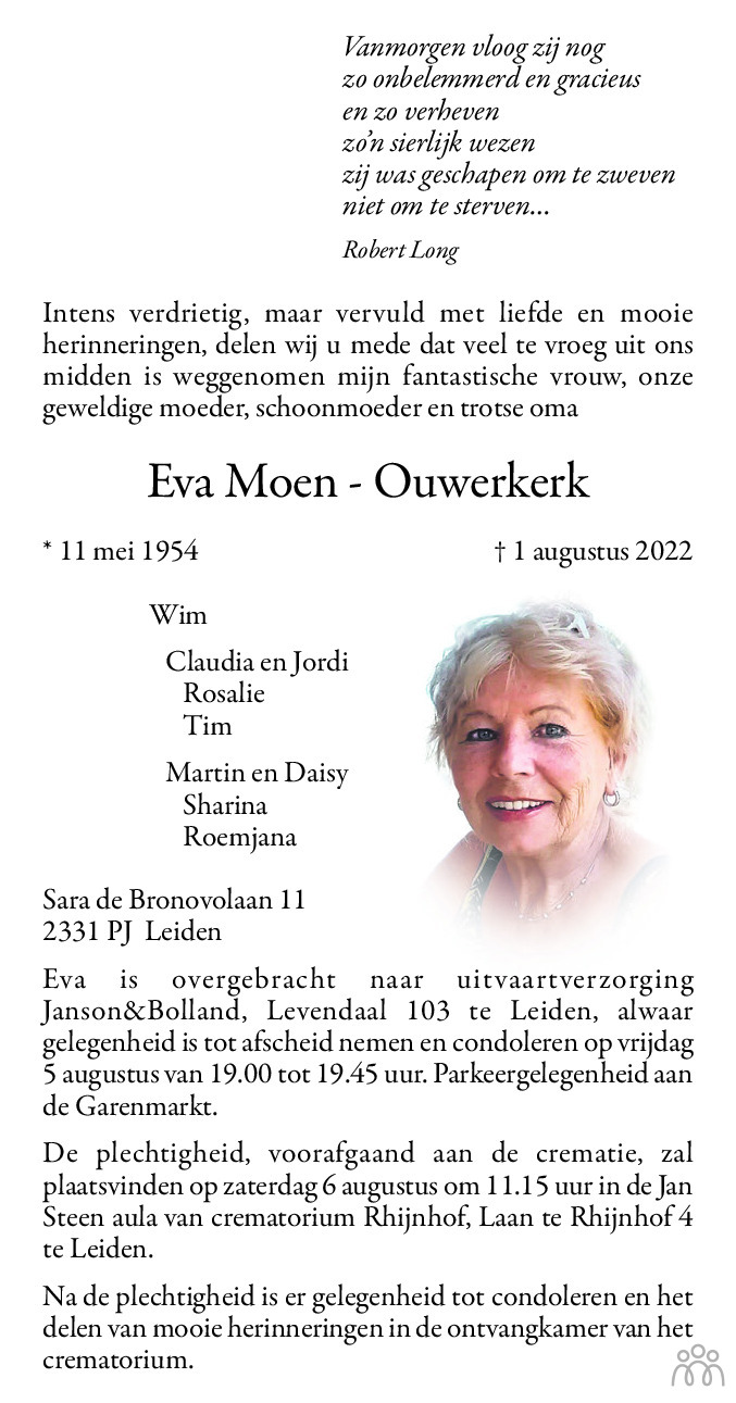 Overlijdensbericht van Eva Moen-Ouwerkerk in Leidsch Dagblad