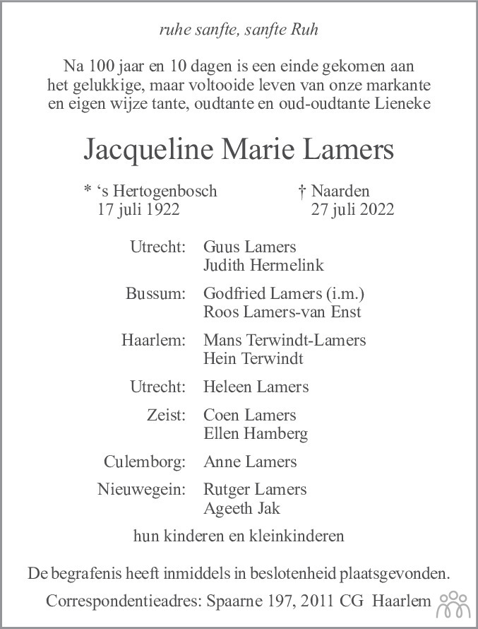 Overlijdensbericht van Jacqueline Marie Lamers in De Gooi- en Eemlander