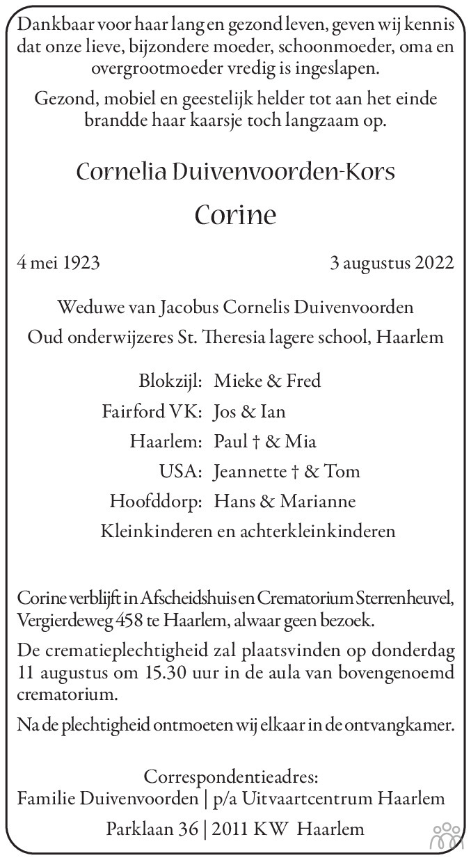 Overlijdensbericht van Cornelia (Corine) Duivenvoorden-Kors in Haarlems Dagblad