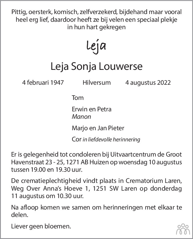 Overlijdensbericht van Leja Sonja Louwerse in De Gooi- en Eemlander