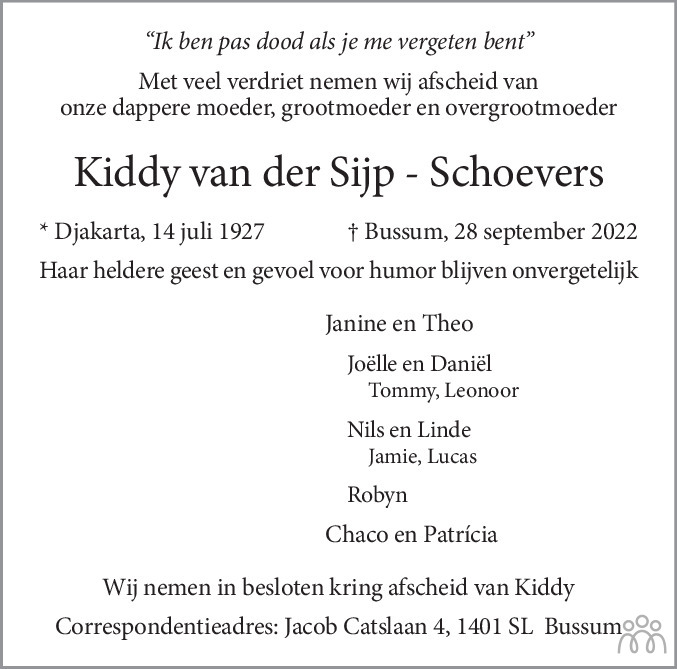 Overlijdensbericht van Kiddy van der Sijp-Schoevers in De Gooi- en Eemlander