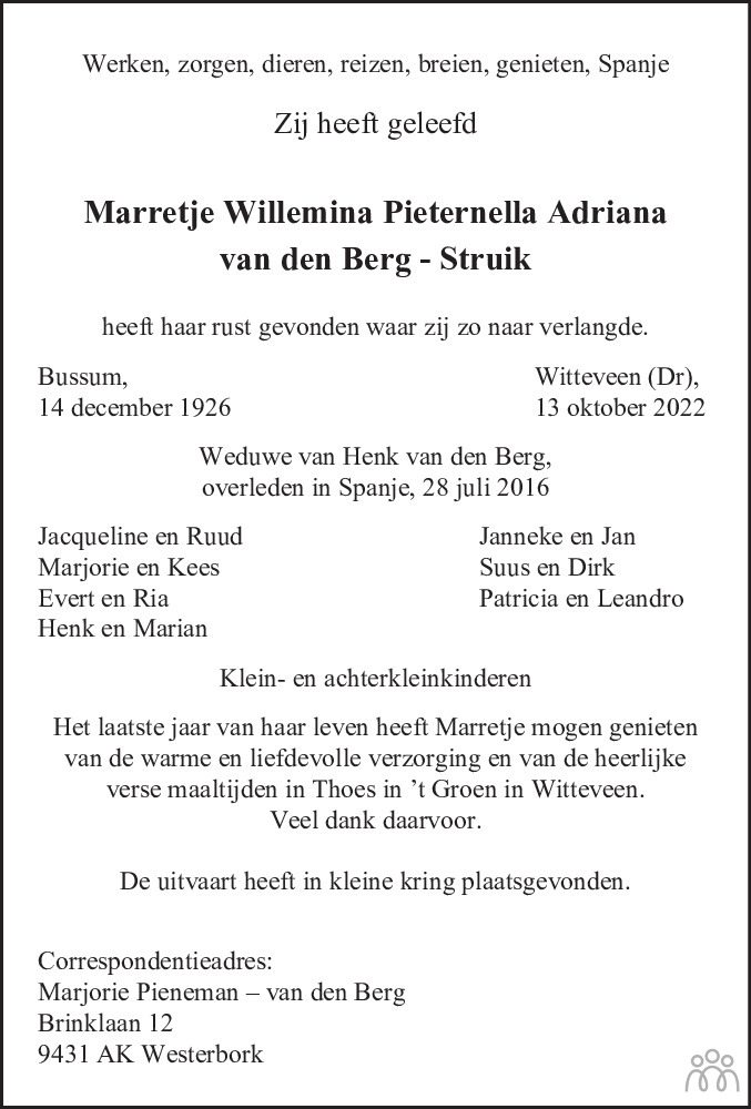 Overlijdensbericht van Marretje Willemina Pieternella Adriana van den Berg-Struik in De Gooi- en Eemlander