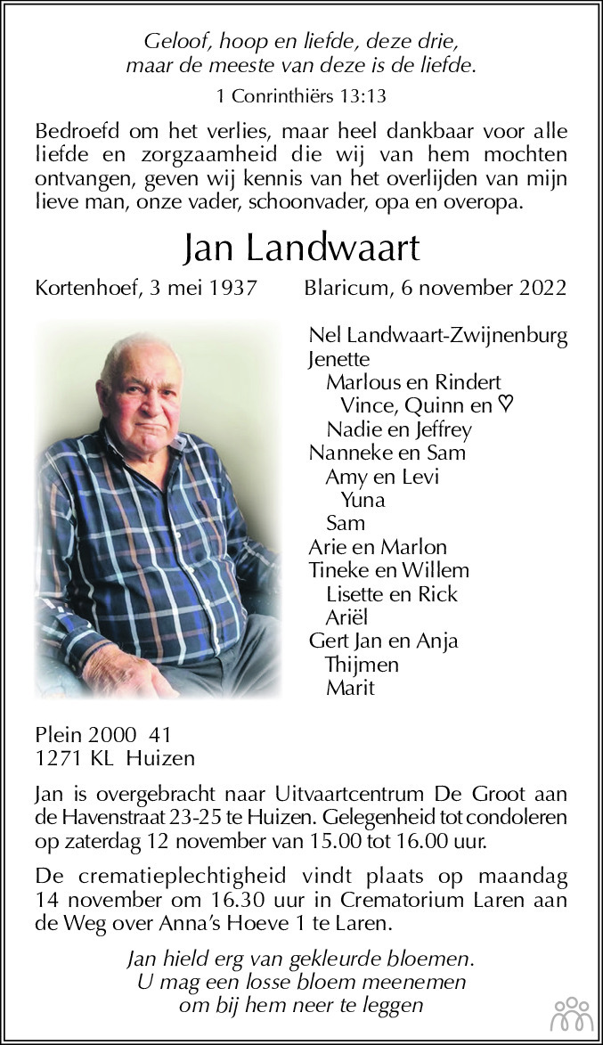 Overlijdensbericht van Jan Landwaart in De Gooi- en Eemlander