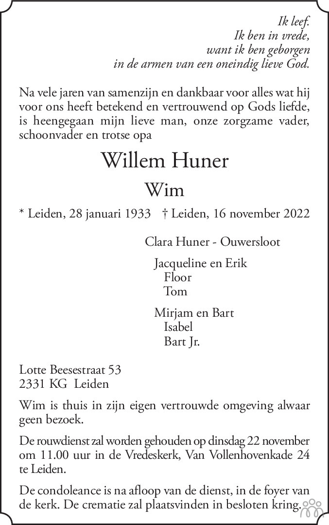 Overlijdensbericht van Willem (Wim) Huner in Leidsch Dagblad