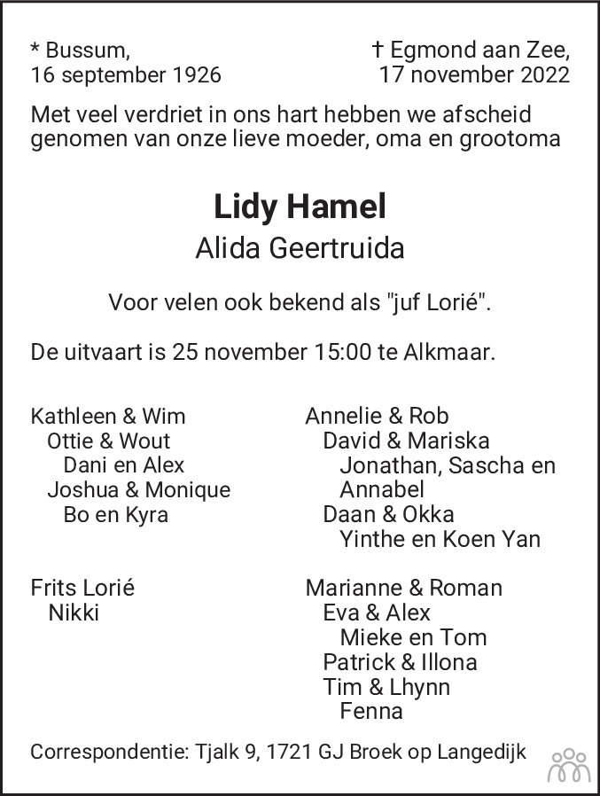 Overlijdensbericht van Lidy (Alida Geertruida) Hamel in Alkmaarsche Courant