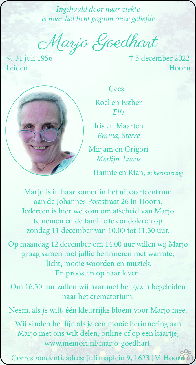 Overlijdensbericht van Marjo Goedhart in Dagblad voor West-Friesland