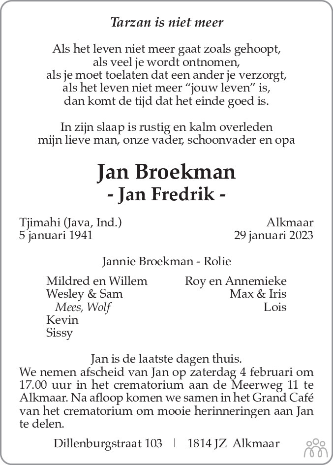 Jan (Jan Frederik) Broekman 29012023 overlijdensbericht en