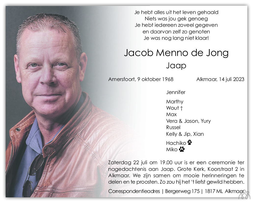 Jaap (Jacob Menno) de Jong 14-07-2023 overlijdensbericht en