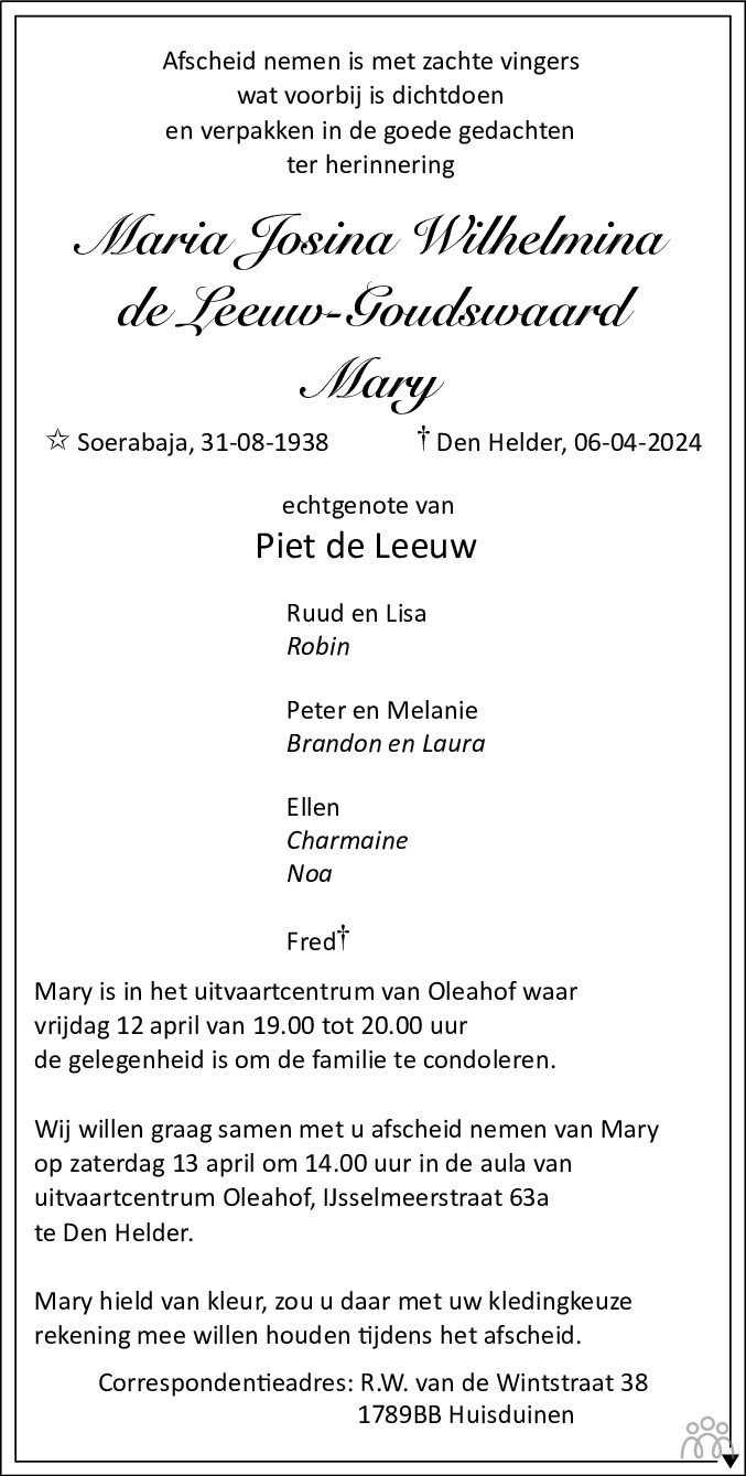 Maria Josina Wilhelmina Mary De Leeuw Goudswaard 06 04 2024 Overlijdensbericht En Condoleances