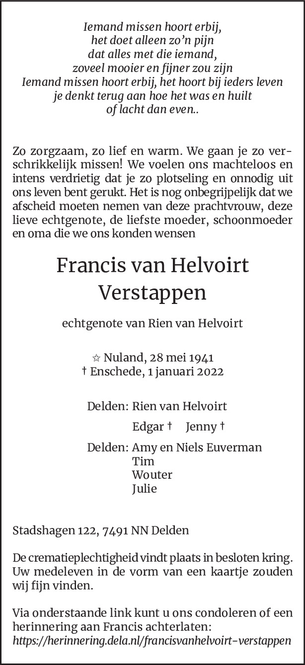 Overlijdensbericht van Francis van Helvoirt-Verstappen in Mensenlinq