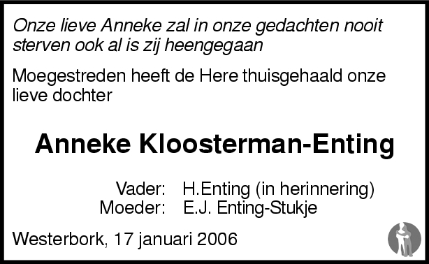 Anneke Kloosterman - Enting 17-01-2006 overlijdensbericht en
