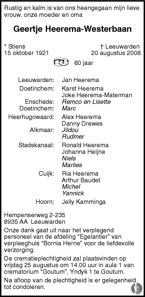 Geertje Heerema Westerbaan 20082006 overlijdensbericht en