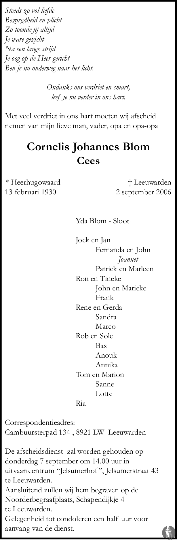 Cornelis Johannes Blom 02092006 overlijdensbericht en condoleances