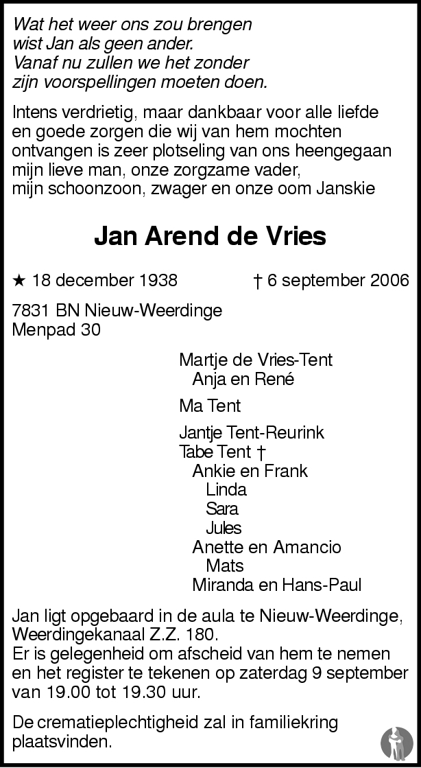 Jan Arend de Vries 06-09-2006 overlijdensbericht en condoleances ...