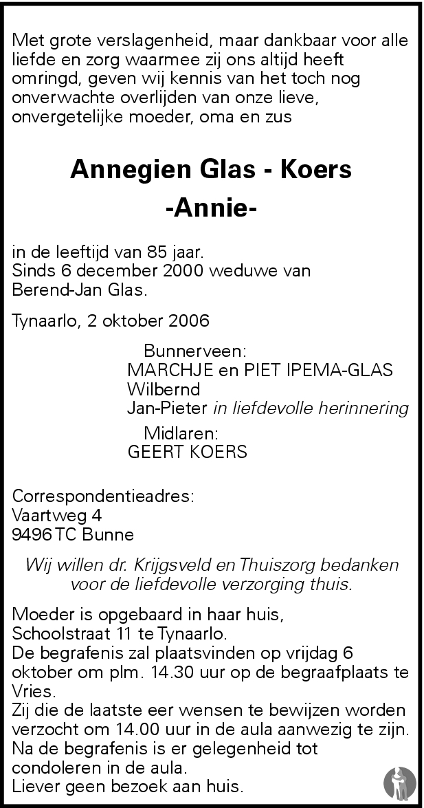 Annegien (Annie) Glas - Koers 02-10-2006 overlijdensbericht en ...