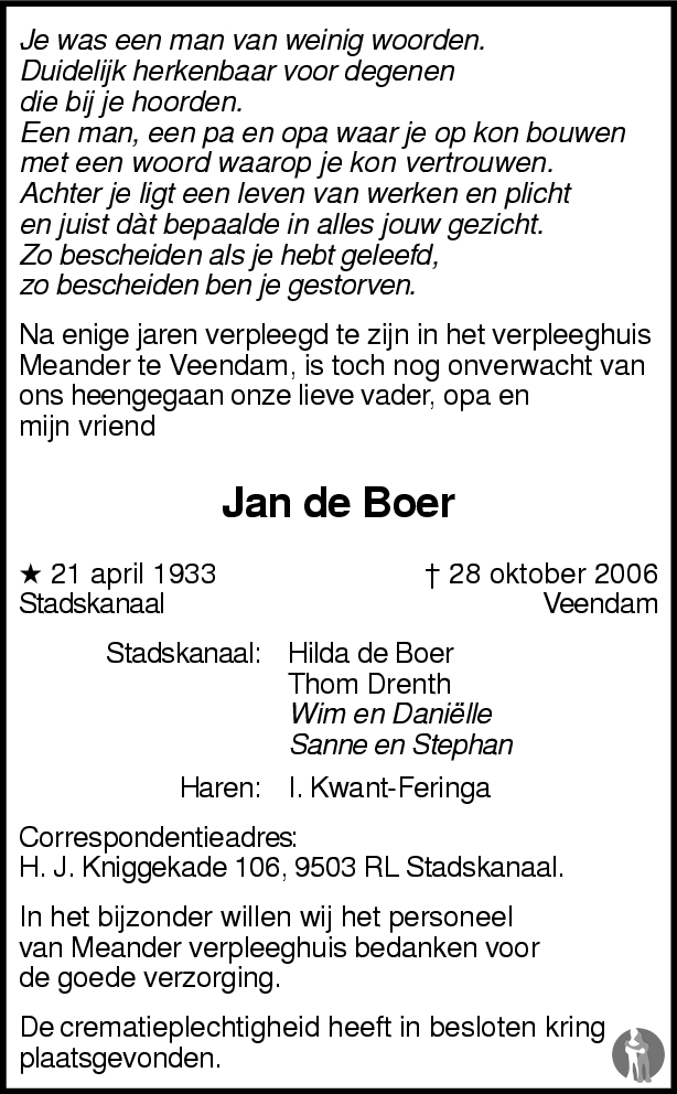 Jan de Boer 28-10-2006 overlijdensbericht en condoleances - Mensenlinq.nl