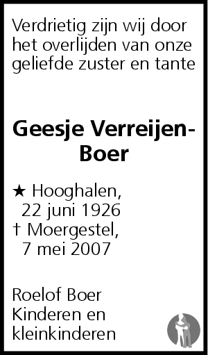 Overlijdensbericht van Geesje Verreijen - Boer in Dagblad van het Noorden