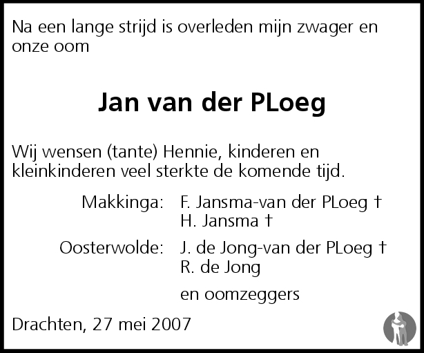 Jan van der Ploeg 27-05-2007 overlijdensbericht en condoleances
