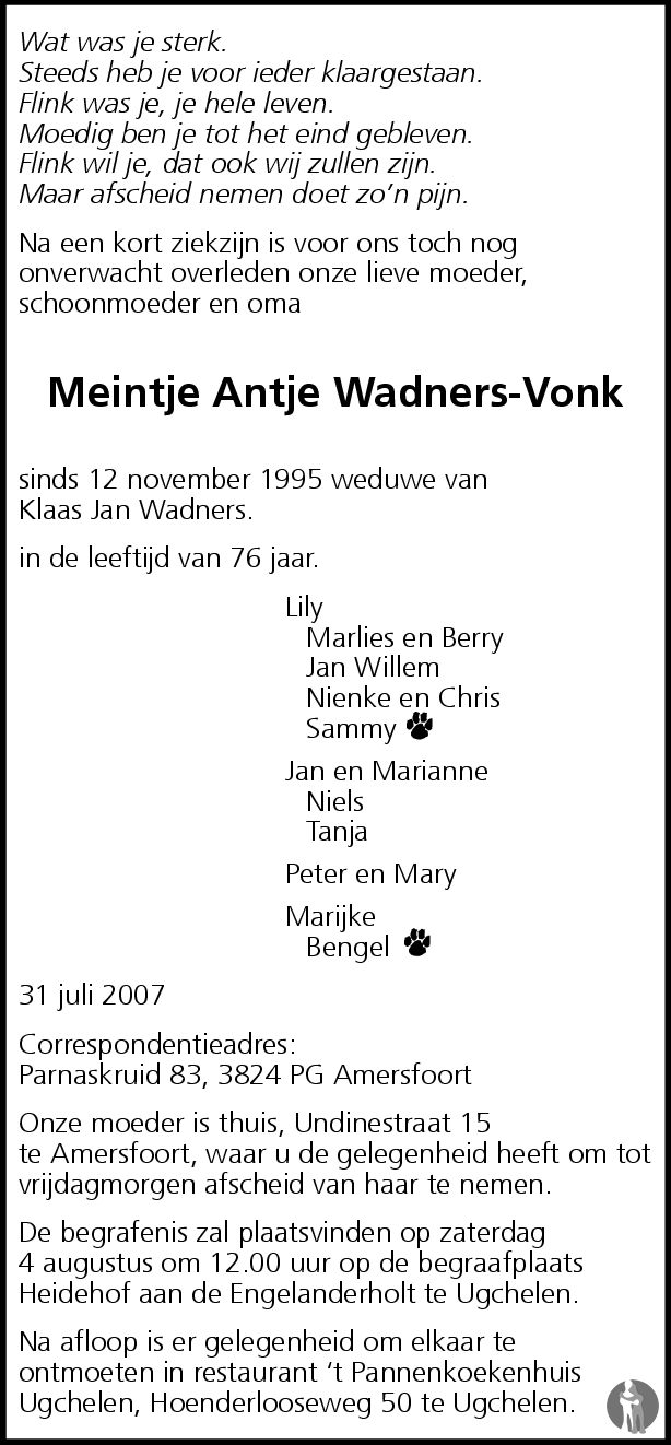 Overlijdensbericht van Meintje Antje Wadners - Vonk in Dagblad van het Noorden