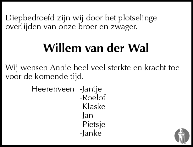 Willem van der Wal 02-08-2007 overlijdensbericht en condoleances