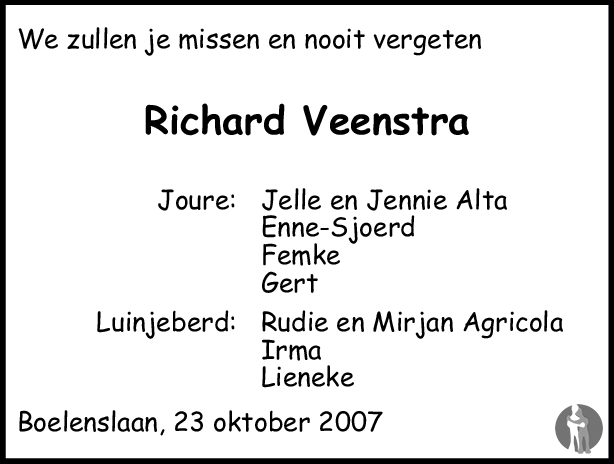 Richard Veenstra Overlijdensbericht En Condoleances Mensenlinq Nl